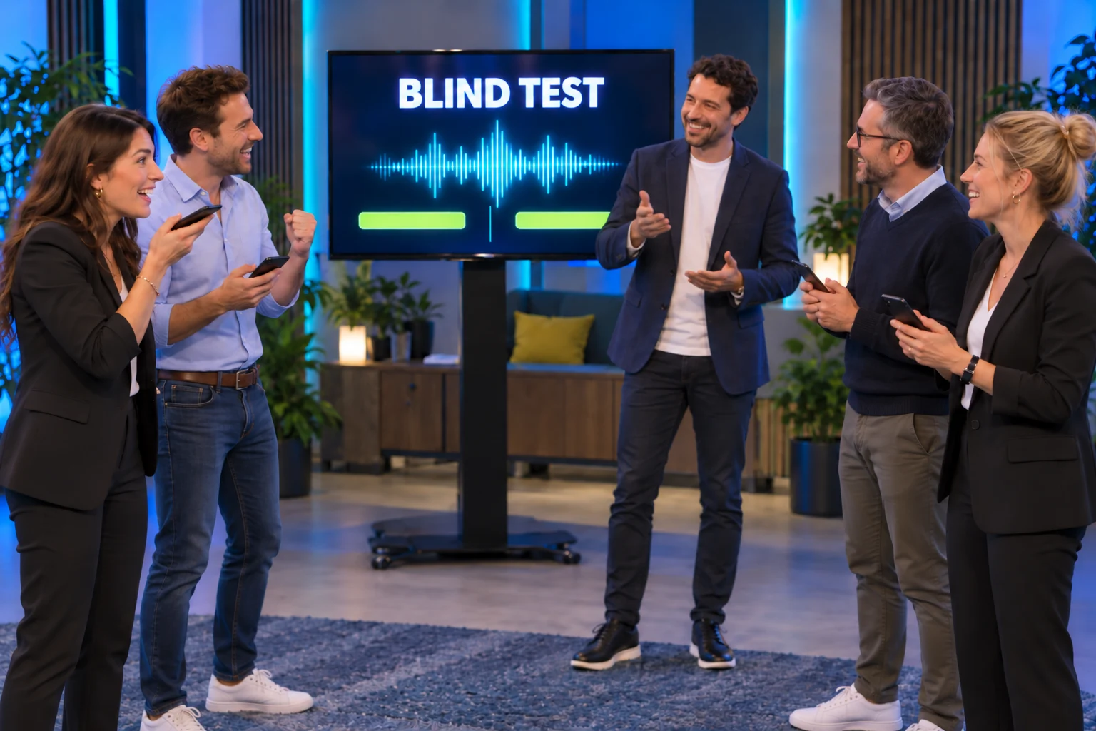 Illustration du blind test : participants debout en demi-cercle, smartphones en main, avec un animateur et une télévision