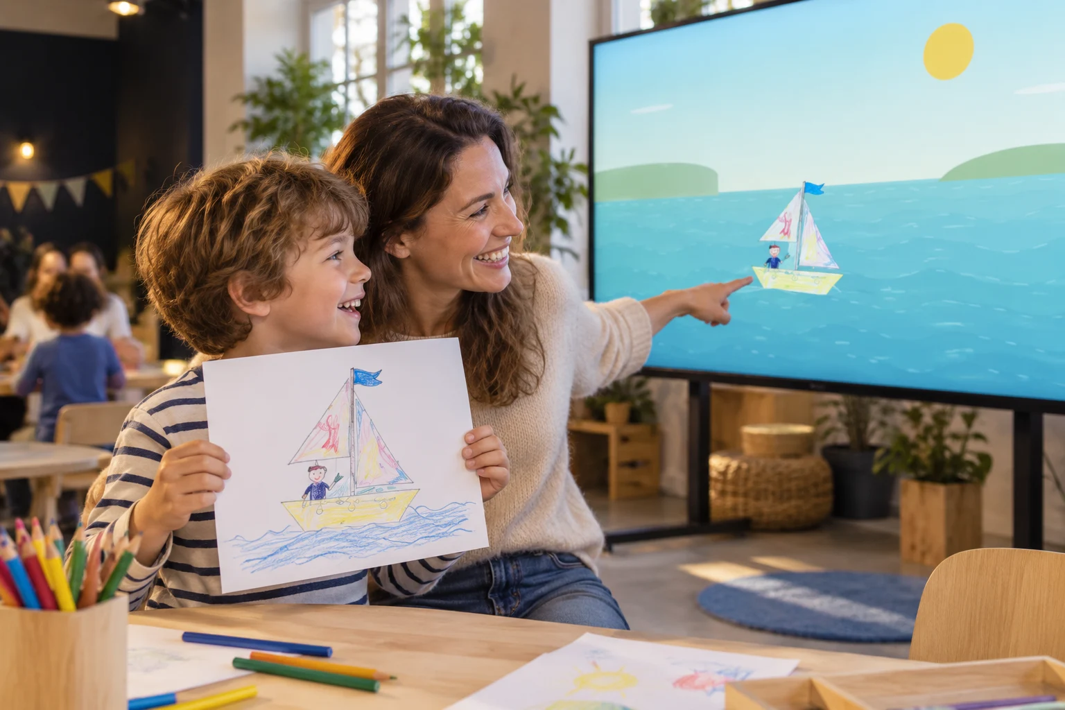 Illustration : un enfant et son parent retrouvent le bateau colorié sur un grand écran