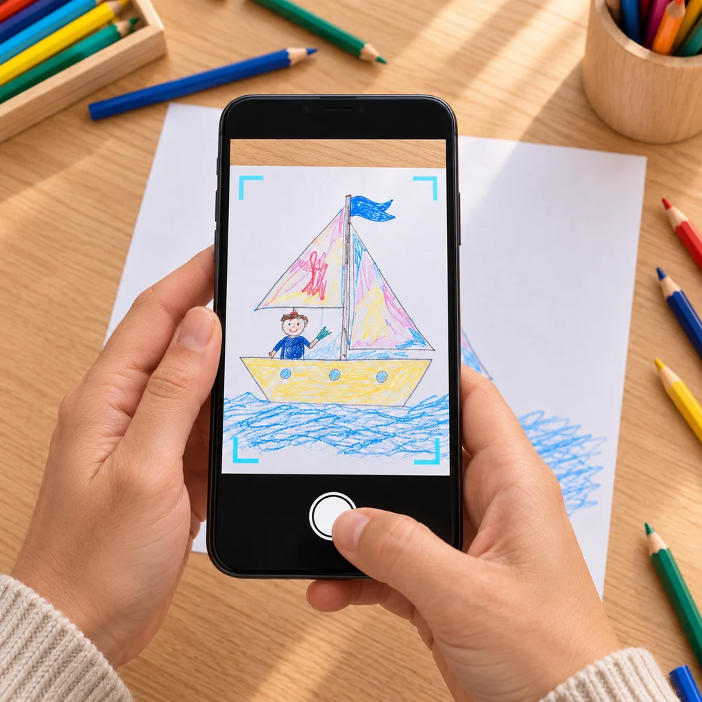 Illustration : un smartphone capture le même bateau colorié sur papier